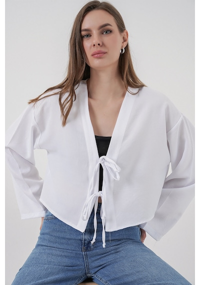 Bigdart Önü Bağlamalı Keten Kimono 960 - Beyaz