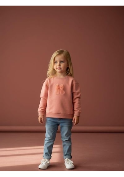 Zekids Kız Bebek Pamuklu Taşlı Fiyonk Detaylı Oversize Tasarım Sweatshirt-16558 Pudra