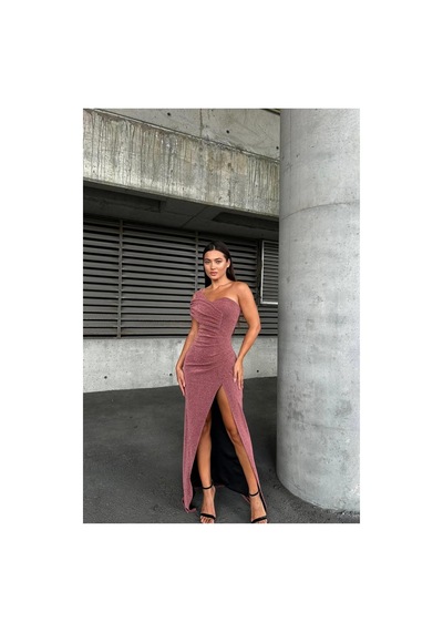 Lior Design Kadın Şık Model Tek Omuz Yırtmaçlı Abiye Elbise Pudra