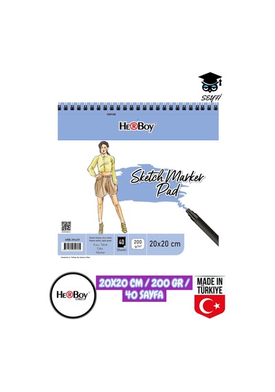 20x20 Eskiz Kara Kalem Çizim Defteri 200 Gr Telli 40 Sayfa Herboy Çok Renkli
