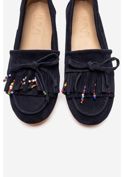 Luvishoes Evelyn Lacivert Süet Hakiki Deri Püsküllü Boncuklu Kadın Loafer Ayakkabı