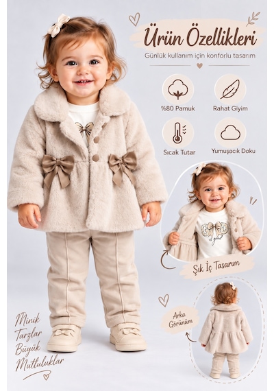 Ahengim Kız Bebek Peluş Mont Fiyonklu Düğmeli Yumuşak Dokulu Kışlık Ceket Ak8548 Bej
