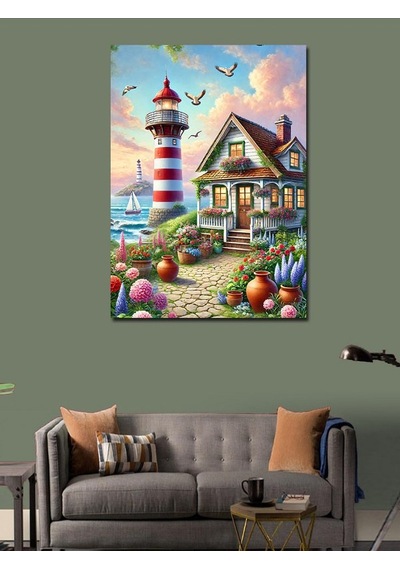 Kanvas Tablo Deniz Feneri Ve Bahar Bahçesi 100cmx140cm