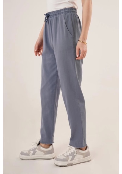 Defymoda Cepli Belden Bağlamalı Paça Detaylı İndigo Pantolon İndigo
