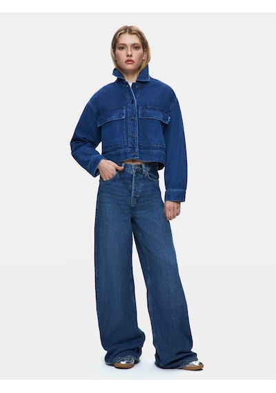 LTB Skyla Önü Cepli Crop Dark İndigo Jean Ceket Dark İndigo