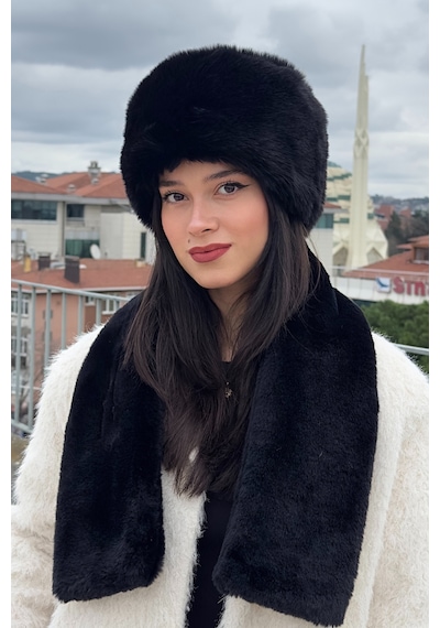 Mollycrush Peluş Rus Tarzı Kalpak Atkı 2'li Set Kadın Kışlık Suni Kürk Siyah 2'li Takım Siyah