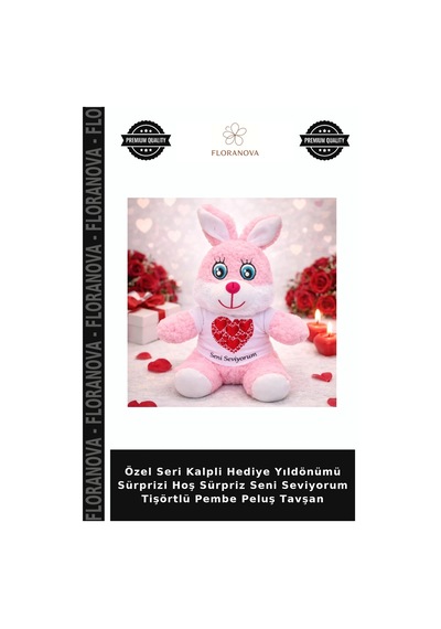 Özel Seri Kalpli Hediye Yıldönümü Sürprizi Hoş Sürpriz Seni Seviyorum Tişörtlü Pembe Peluş Tavşan Çok Renkli