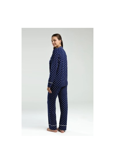 Pierre Cardin Boydan Düğmeli, Uzunkol Desenli Pijama Takım, Kutulu Çeyizlik Pijama Takım, %96 Viskon Lacivert