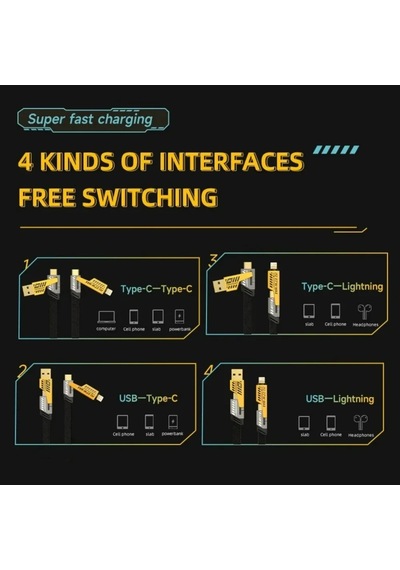65w Usb Tip C Kablo 4'ü 1 Arada Pd 27w Hızlı Şarj Veri Kablosu Apple Uyumlu iPhone  15 14 13 4 İn 1 Cable 1m