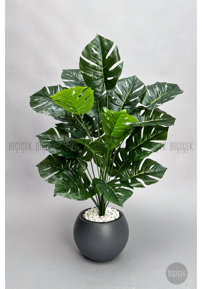 Biçiçek Yapay Monstera Deve Tabani Bi̇tki̇si̇ 65 Cm Antresi̇t Küre Saksıda