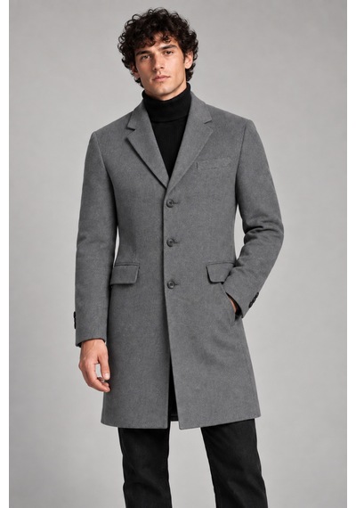 Maison Rae Erkek Antrasit, Slim Fit Kaşe Kaban Klasik Yaka 3 Düğmeli Uzun Kesim Kışlık Palto