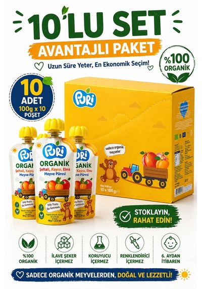 Organic Şeftalili Kayısılı Püresi 100g  x 10 %100 Organik İlave Şekersiz 10'lu Paket