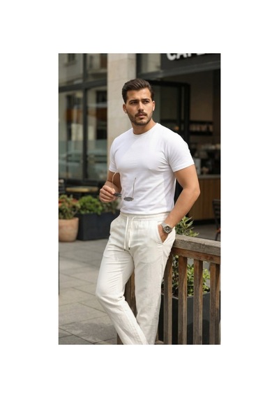 Butik İstanbul Erkek İç Göstermez Yıkamalı Keten Pantolon Beyaz