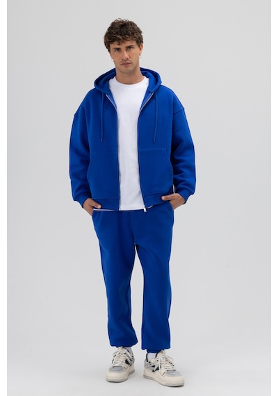 Vamos Basic Fermuarlı Oversize Kapüşonlu Sweatshirt Saks Mavi