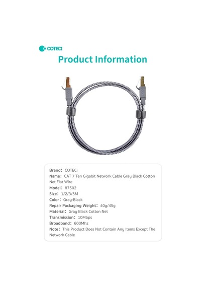Cat7 Flat İnternet Kablosu - 10gbps Oyun Ve Ofis İçin 5 Metre Ethernet Kablosu Gri-siyah Örgülü