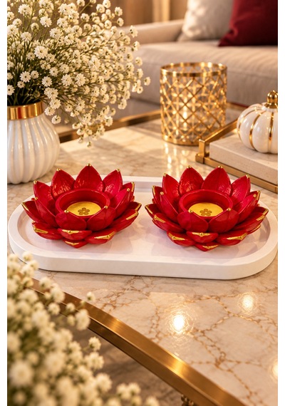 Kırmızı Lotus 2 Li Dekoratif Mumluk Seti Gold Detaylı El Yapımı Kırmızı