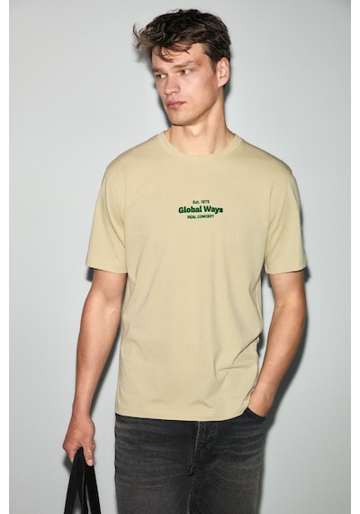 Grımelange Jumılla Erkek %100 Pamuk Yumuşak Kumaşlı Baskılı Yuvarlak Yaka Bej T-shirt