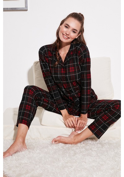 Lela Desenli Beli Lastikli Gömlek Yaka Dokuma Bayan Pijama Takımı 6095660W4 Antrasit-Kırmızı