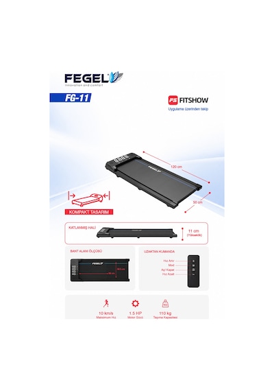 Fegel FG-11 Uygulama Destekli Bluetooth Hoparlörlü Uzaktan Kumandalı Koşu ve Yürüyüş Bandı 1.5 HP