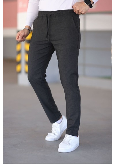 Bürke Erkek Antrasit Renk Beli Lastikli Bağcıklı Esnek Fitted Jogger Pantolon Kumaş Pantolon