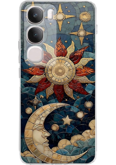 Printify Vivo Y19s İle Uyumlu Vitray Sol Ve Luna Tasarımlı Şeffaf Silikon Kılıf Şeffaf