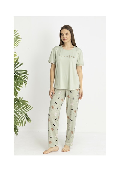 Estiva Kadın Ayıcık Alt Desenli Kısa Kollu Soft Pijama Takımı Yeşil