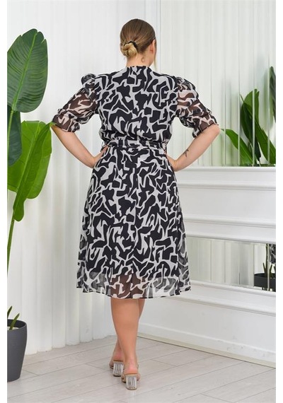 Neşeli Butik Kadın Büyük Beden Desenli Şifon Elbise Nb8063 - Siyah Siyah
