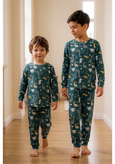 Zuzunga Erkek Çocuk %100 Pamuk Süprem Kumaş Uzun Kollu Mevsimlik Pijama Takımı Haki