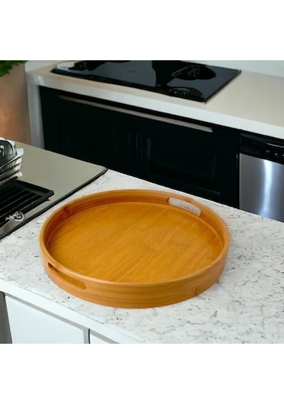 35cm Yuvarlak Bambu Servis Tepsisi, Ahşap Yuvarlak Tepsi, Bambu Tepsi 35cm 35.cm 6cm 15cm