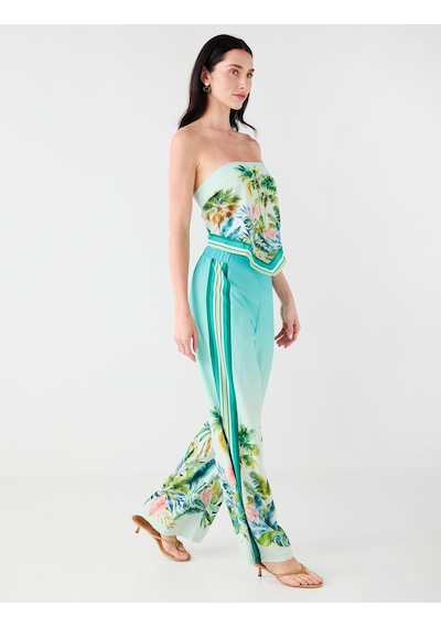 Jimmy Key Mint Yeşili Tropikal Desenli Şerit Detaylı Saten Pantolon 6sw187491332