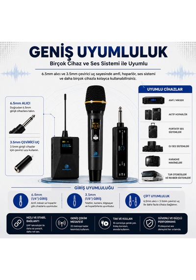 Ultratekno Uhf Kablosuz Mikrofon Seti El Yaka Çene Mikrofonlu 6.5 Mm Alıcılı 3.5 Mm Çeviricili Şarjlı Profesyonel Ses Sistemi
