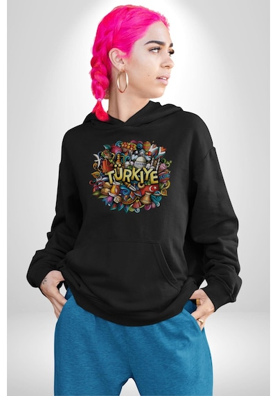Turkiye Özel Karakterleri Kadın Erkek Siyah Kapüşonlu Sweatshirt Hoodie Siyah