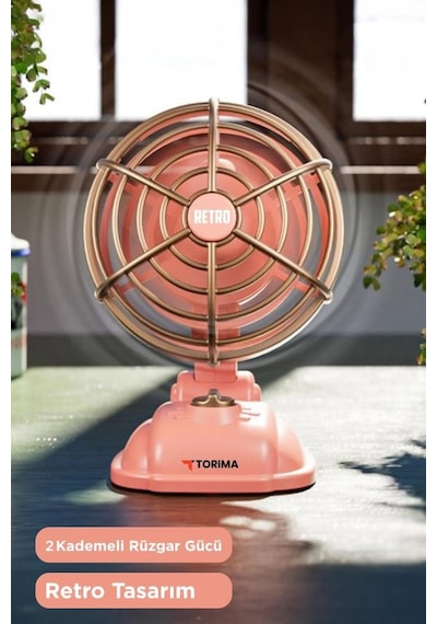Şarjlı Masaüstü Vantilatör Vintage Retro Tasarım 400 Mah Taşınabilir Masa Fanı F50 Pembe