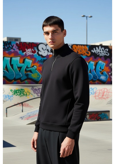 Benerly Erkek Dik Yaka Fermuarlı Standart Kol Regular Kalıp Sweatshirt Fo siyah