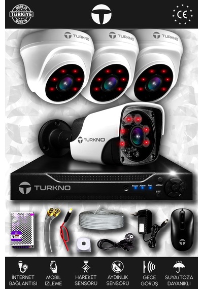 Turkno 4 Kameralı Pania 3 İç Kamera Set HDD'siz Full HD Gece Görüşlü Güvenlik Kamerası Sistemi