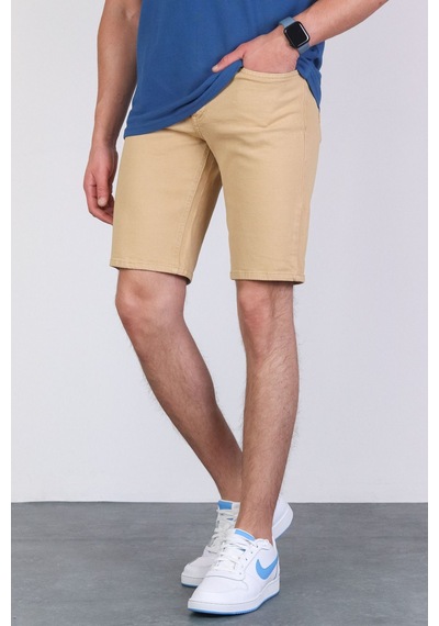 HLT Jeans Erkek Bej Slim Kesim Comfort Likralı Esnek Jeans Şort Thomas-Bej 001