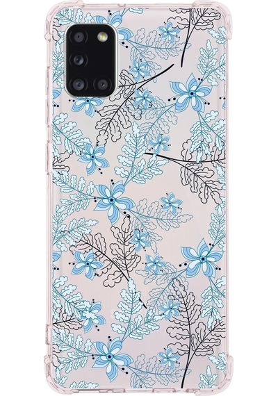 Samsung Galaxy A31 Uyumlu Köşe Korumalı Antişok Kapak Floral Mavi Tasarımlı Şeffaf Kılıf