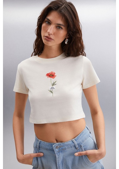 Ethıquet IRMA 100% Pamuk Kadın Crop Vanilya T-Shirt
