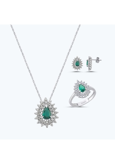 Altınbaş Yeşil Taşlı Altın Üçlü Damla Set Autk0033-b-24627-y-set
