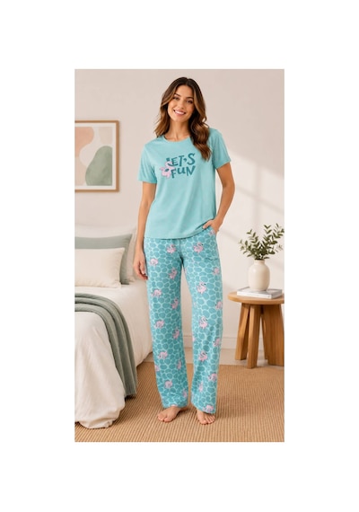 Pijamask Kadın Kısa Kollu Pamuklu Pijama Takım Mavi