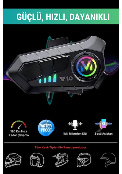 İntercom Y10 5.3 Bluetooth Motosiklet Kask Kulaklık İntercom Rgb Işıklı Su Geçirmez