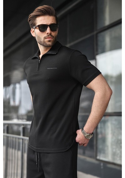 Madmext Siyah Yarım Fermuarlı Polo Yaka T-shirt Şort Takım E7348 Siyah