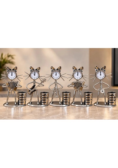 Metal Müzisyen Kedi Saatli Kalemlik Alk6229 Standart