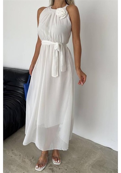 Dip Moda Kadın Astarlı Sıfır Kol Şifon Elbise Dpnbk2144 Beyaz