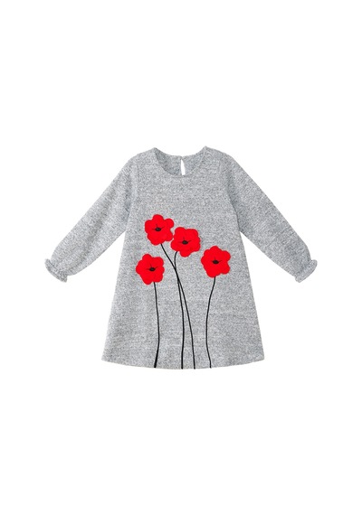Denokids Kız Çocuk Kışlık Çiçek Desenli Triko Gri Uzun Kollu Fırfırlı Elbise 3-9 Yaş