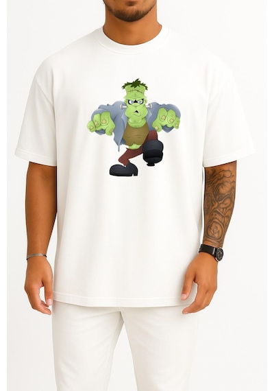 Bahriyeli Collection Oversize Monster Frankenstein Halloween Göğüs Tasarımlı Unisex T-shirt Beyaz