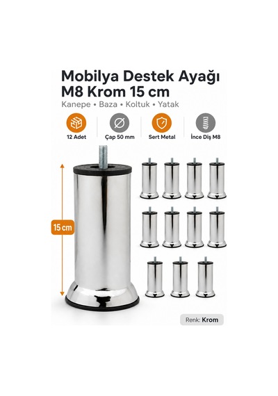 12 Adet Mobilya Kanepe Baza Koltuk Yatak Çekyat Destek Yükseltme Ayağı M8 15 Cm Krom Metal Ayakları Gri