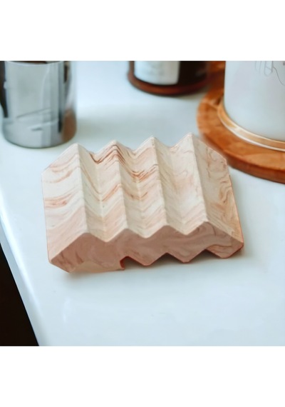 Dekoratif Zigzag Bej Mermer Desen El Yapımı Beton Sabunluk Gri