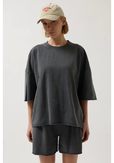 Oversize Lazer Kesim Bisiklet Yaka T-shirt Antrasit