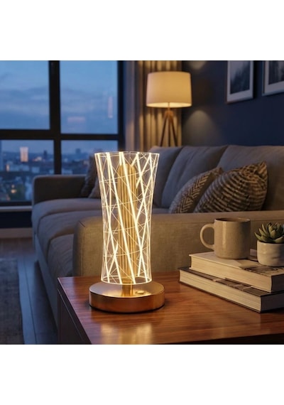 Silindirik Kristal Çizgi Model Led Masa Lambası Gold Tabanlı, Dokunmatik, 3 Renk Işık Modlu, Şarjlı Modern Dekoratif Gece Lambası 5570 Beyaz